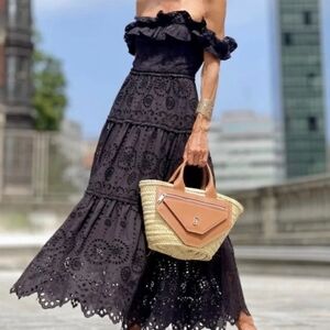 Zara Black Embroidered Ruffle Off Shoulder Midi Dress